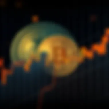 A graph showing a downward trend in Bitcoin prices with a digital coin image in the background.