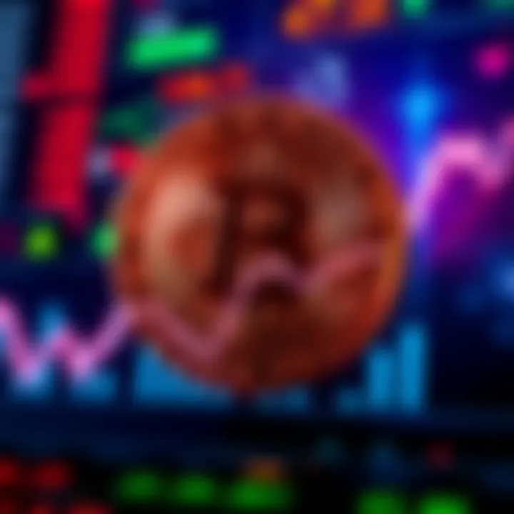 Bitcoin symbol with a downward trend graph and stock market symbols in the background