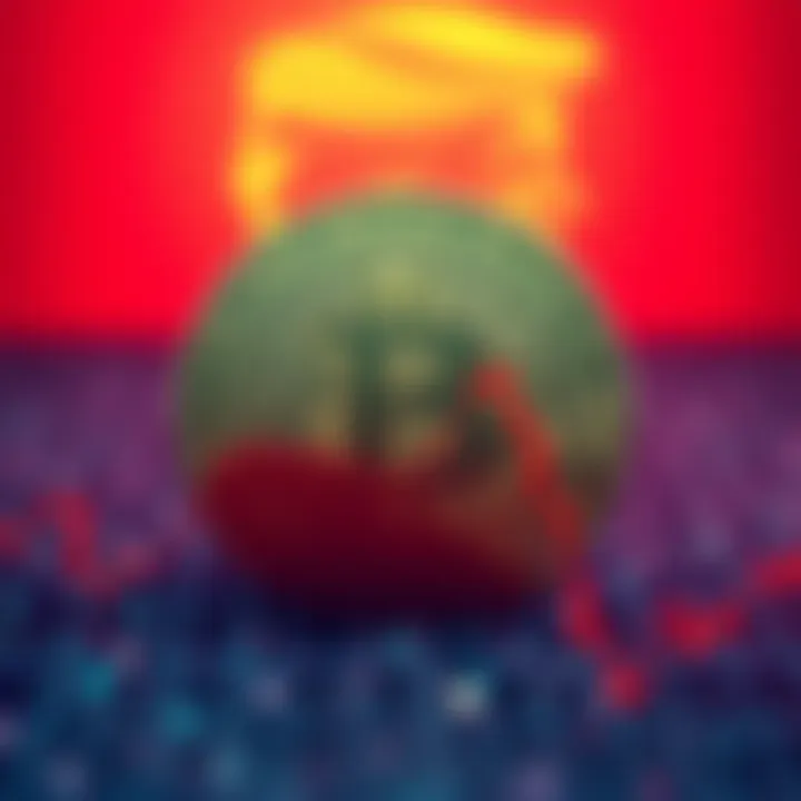 A digital representation of a declining Bitcoin value chart with a background of a political symbol representing Trump