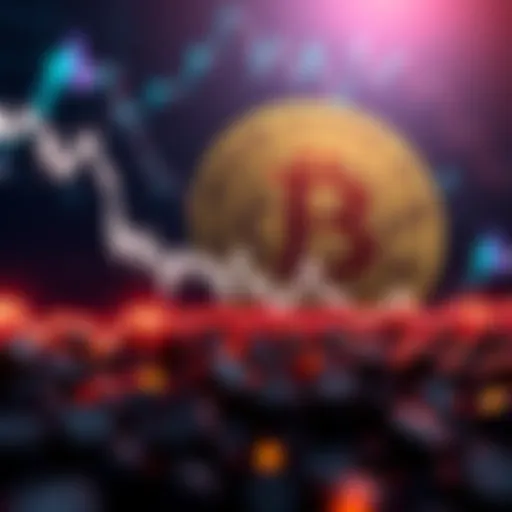 A graph showing a significant drop in Bitcoin's price with a downward trend line and a Bitcoin symbol in the background.