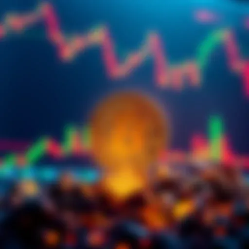 A visual representation of Bitcoin's price falling, with a downward arrow and the Bitcoin symbol. The background shows fluctuating market charts.