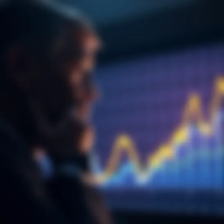 A graph showing a downward trend in Bitcoin's value alongside a person contemplating an investment purchase