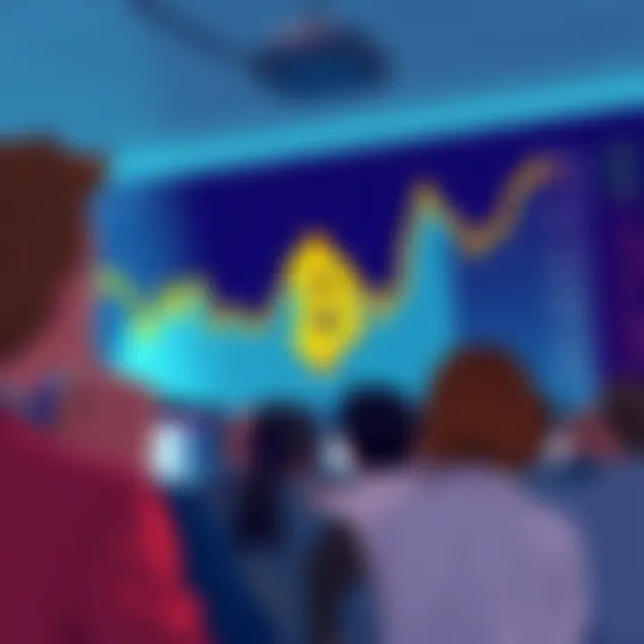 A chart showing a steep decline in Bitcoin's value, with worried people looking at screens showing prices dropping.