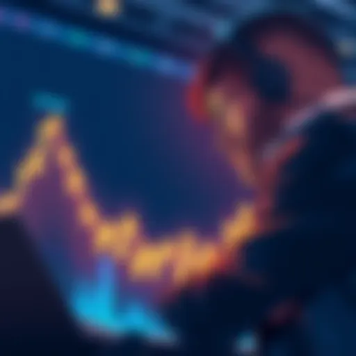 A graph showing a downward trend in Bitcoin's price, with a worried trader observing it, reflecting market sentiment