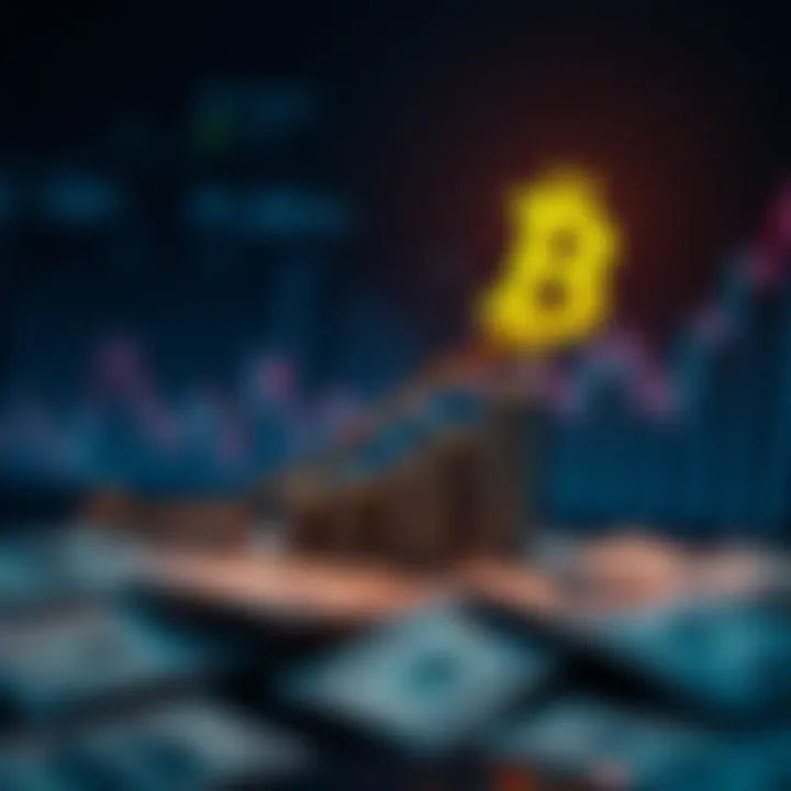 A graphic showing a rising Bitcoin symbol with dollar bills and a chart in the background, representing economic growth and speculation.