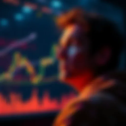 A person looks at a graph showing Bitcoin's price with a hopeful expression, contemplating financial decisions.