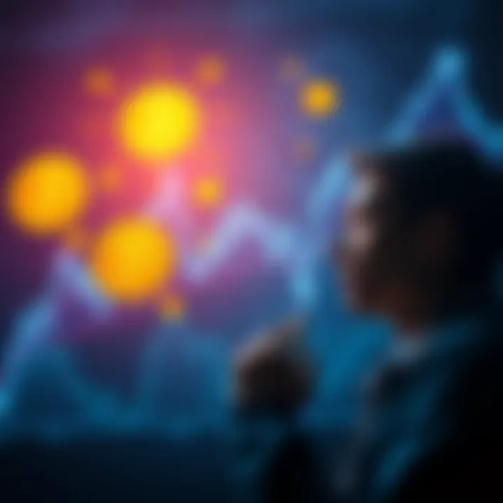 Bitcoin Price Predictions A graphic showing a downward trend with Bitcoin symbols and a concerned person contemplating price drops.