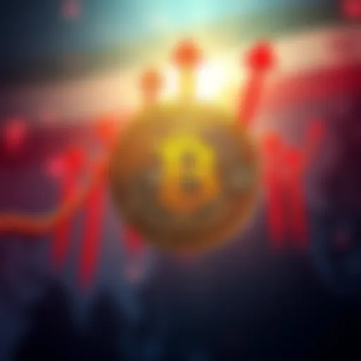 Bitcoin symbol with upward arrows and the backdrop of a world map after the conclusion of the Iran War