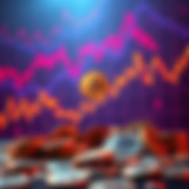 A graphic showing a rising Bitcoin chart with coins in the foreground