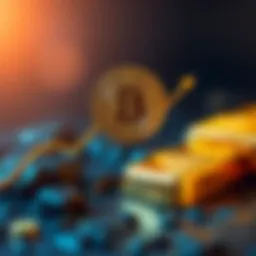 Bitcoin symbol with upward trend line and gold bars decreasing in the background