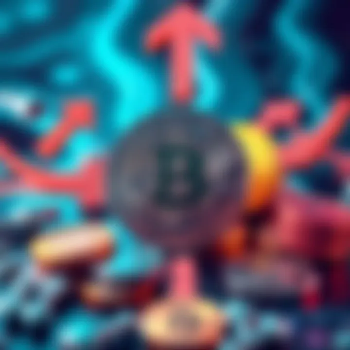 Illustration showing Bitcoin coins surrounded by arrows indicating both buying interest and price stability