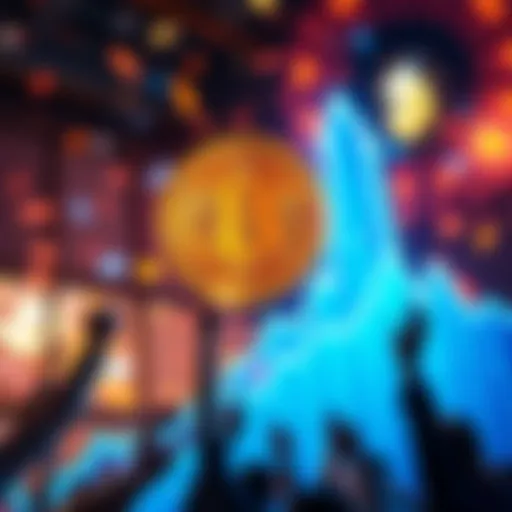 A digital representation of Bitcoin soaring in value, with a graph showing upward trends and excited investors celebrating in the background.