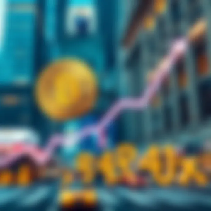 A graphic showing Bitcoin coins with an upward trend line and Wall Street in the background, representing potential price increase to $840K.