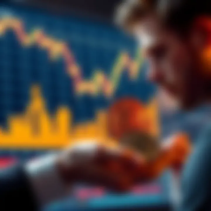 Bitcoin Profit Decision A person weighing options on selling Bitcoin, with a chart showing rising values in the background and coins in hand.