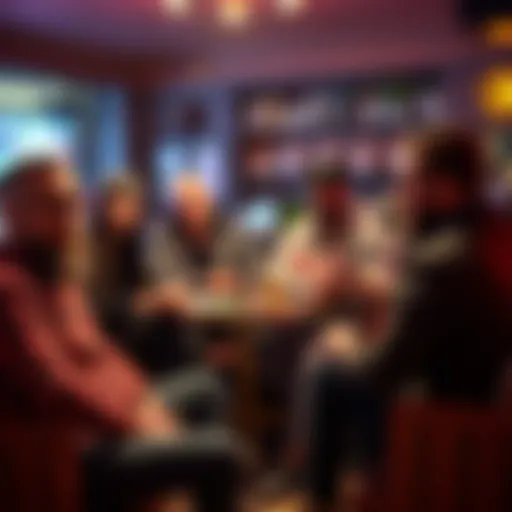 A group of friends in a casual setting, some looking uncomfortable while one person shares their Bitcoin gains, creating a sense of tension.