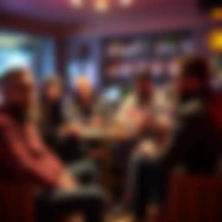 A group of friends in a casual setting, some looking uncomfortable while one person shares their Bitcoin gains, creating a sense of tension.