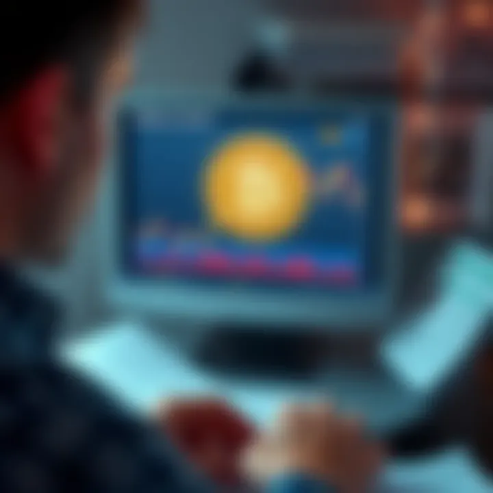 A person looking worriedly at a Bitcoin price chart on a computer screen, surrounded by financial news articles and a calculator, symbolizing the urgency to buy Bitcoin now.