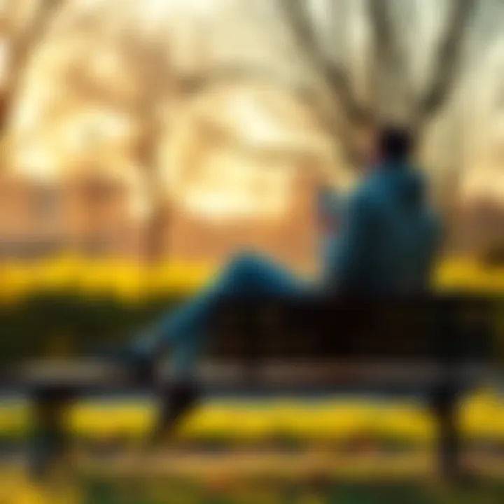 Bitcoin Reflection A person sitting peacefully on a park bench, looking at a smartphone displaying Bitcoin prices while surrounded by nature, symbolizing the contrast between wealth and daily struggles.