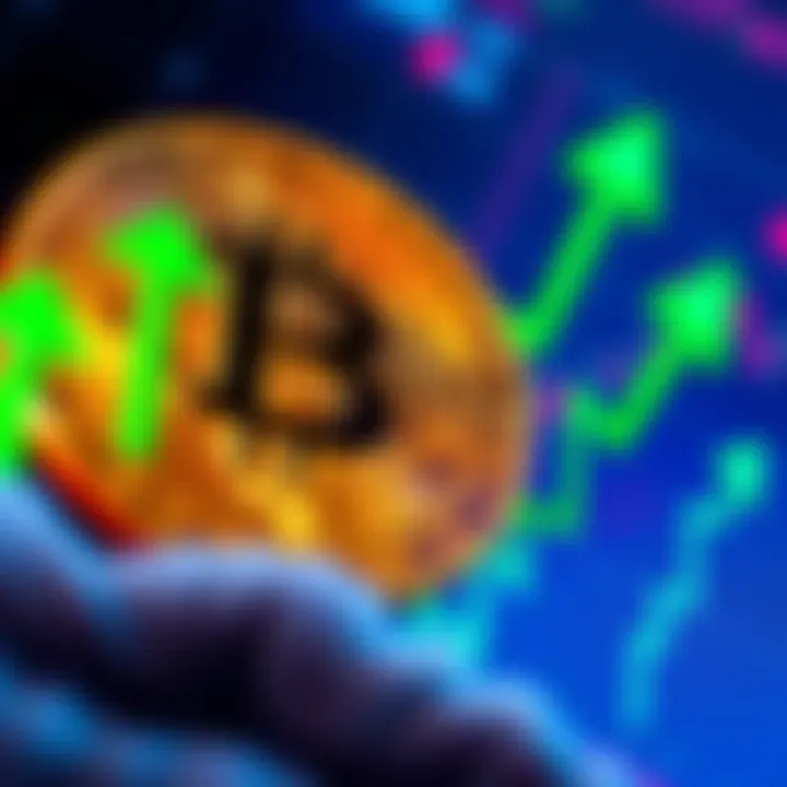 A close-up of a rising Bitcoin price chart with green upward arrows, symbolizing market recovery.