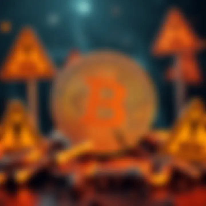 Bitcoin Safety Concerns A broken Bitcoin symbol with warning signs in the background, highlighting the risks associated with investing in Bitcoin.