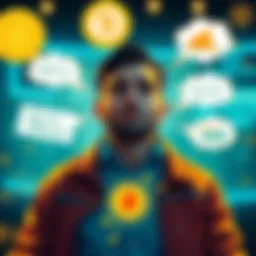A person contemplating selling Bitcoin with various factors like regulations and alternatives in thought bubbles.