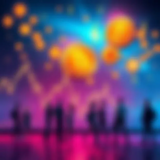 A graph showing the rise and fall of Bitcoin prices with people discussing investment decisions