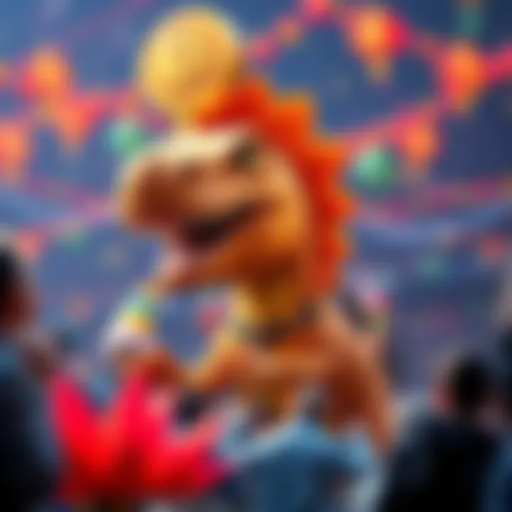 Bitcoin-saurus character getting ready for the Upril event with colorful decorations and excited people around.