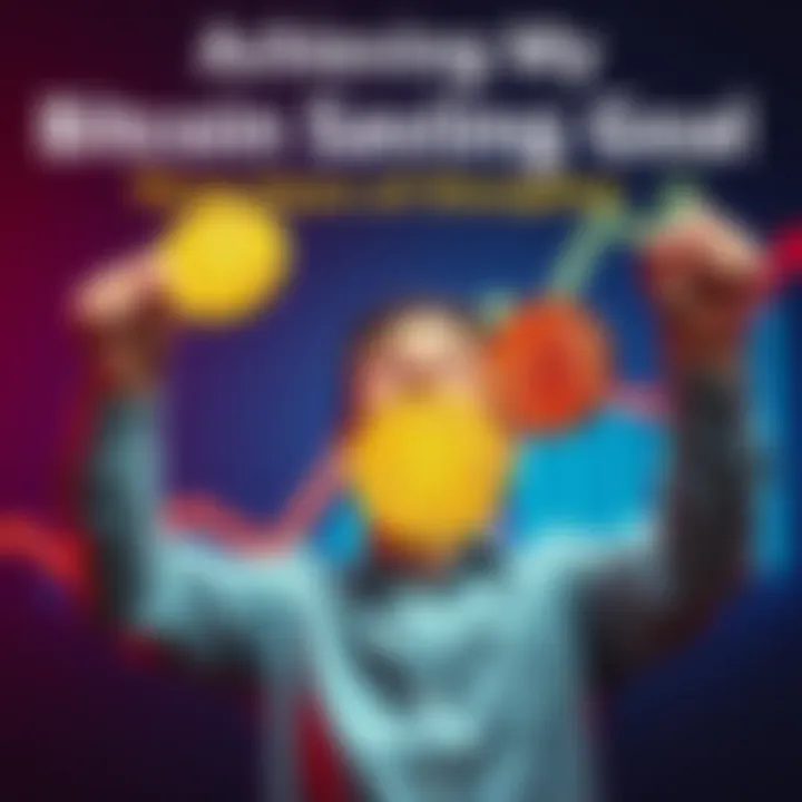 Person joyfully holding Bitcoin symbols with a background of a savings chart going upwards.