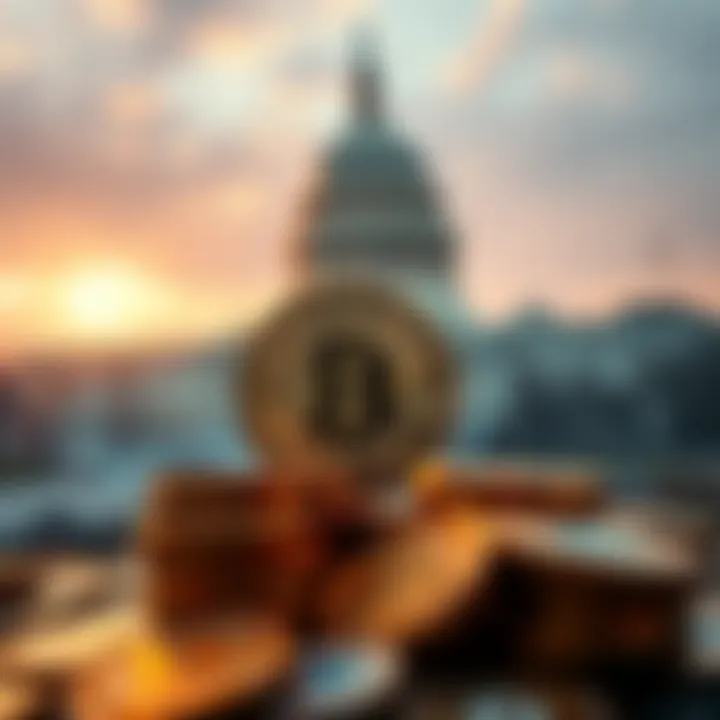 Graphic showing Bitcoin coins with logos of large companies and government buildings in the background