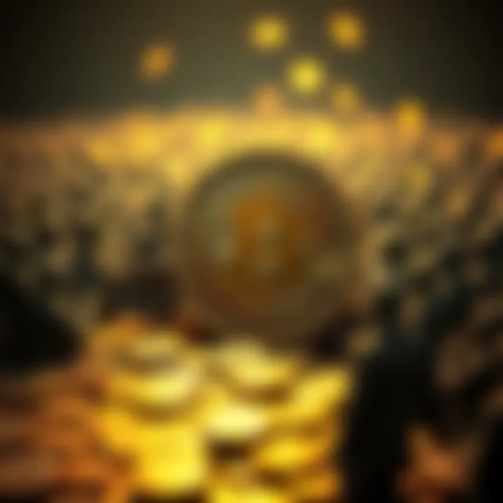 A digital representation of Bitcoin coins contrasting with a large group of millionaires symbolizing the imbalance in wealth accumulation.