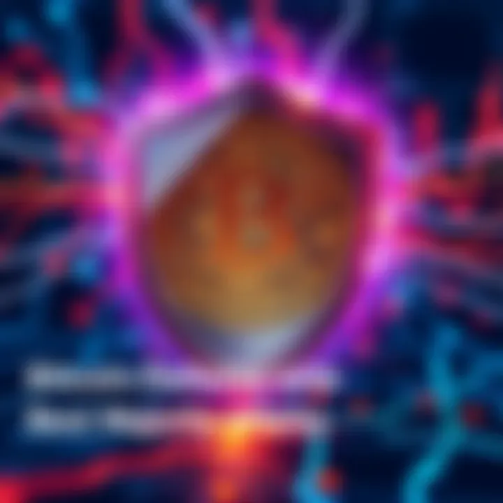 Bitcoin Security Concept Visual representation of Bitcoin symbol with a shield, illustrating its defense against majority attacks, showing integrity and trustworthiness in digital currency.