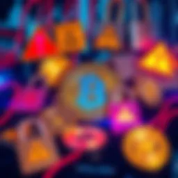 Bitcoin Security Risks A visual representation of Bitcoin coins surrounded by digital locks and warning signs, highlighting the threat of hacking and theft.