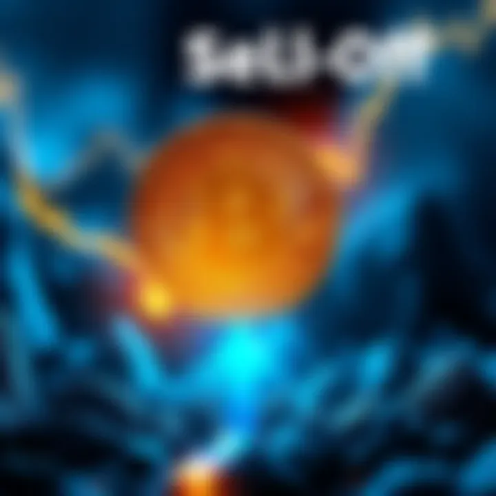 Graphic showing Bitcoin symbol with arrows pointing downward, indicating a decline in value as long-term holders sell their assets.