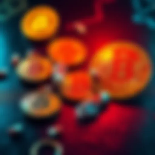 A visual representation of Bitcoin transactions for drugs on Silk Road in 2012, showing Bitcoin symbols and drug icons like LSD and ecstasy.