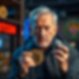 A long-time Bitcoin enthusiast looks worried while holding a Bitcoin symbol, questioning its future viability.