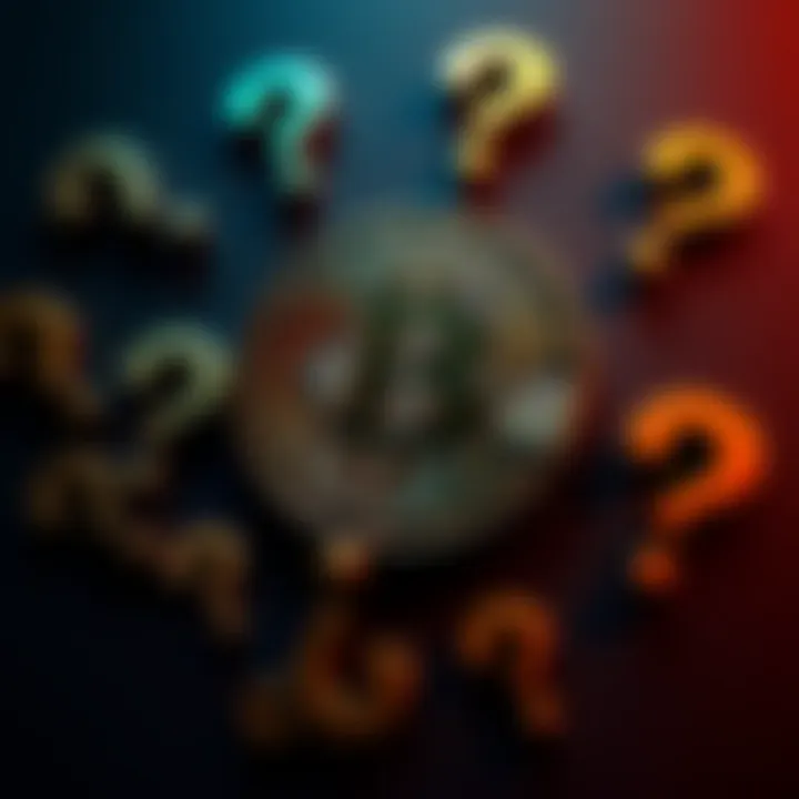 Bitcoin Symbol with Question Marks A Bitcoin symbol surrounded by question marks, representing skepticism about its legitimacy.