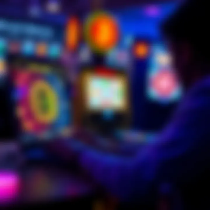 Bitcoin Slots Gameplay A person playing Bitcoin slots on a laptop, with colorful slot machine graphics on the screen and a Bitcoin symbol visible.