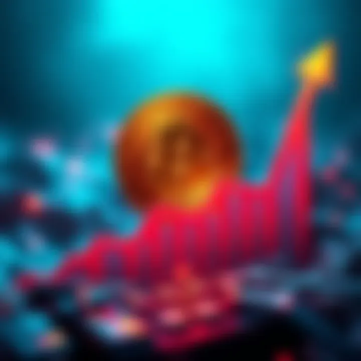 A graphic showing Bitcoin's rising value with upward arrows and a digital currency symbol.