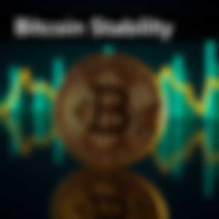 A visual representation of Bitcoin's stable value with a focus on the phrase '1 BTC = 1 BTC'. The image features a Bitcoin symbol with a steady line graph in the background, indicating stability.