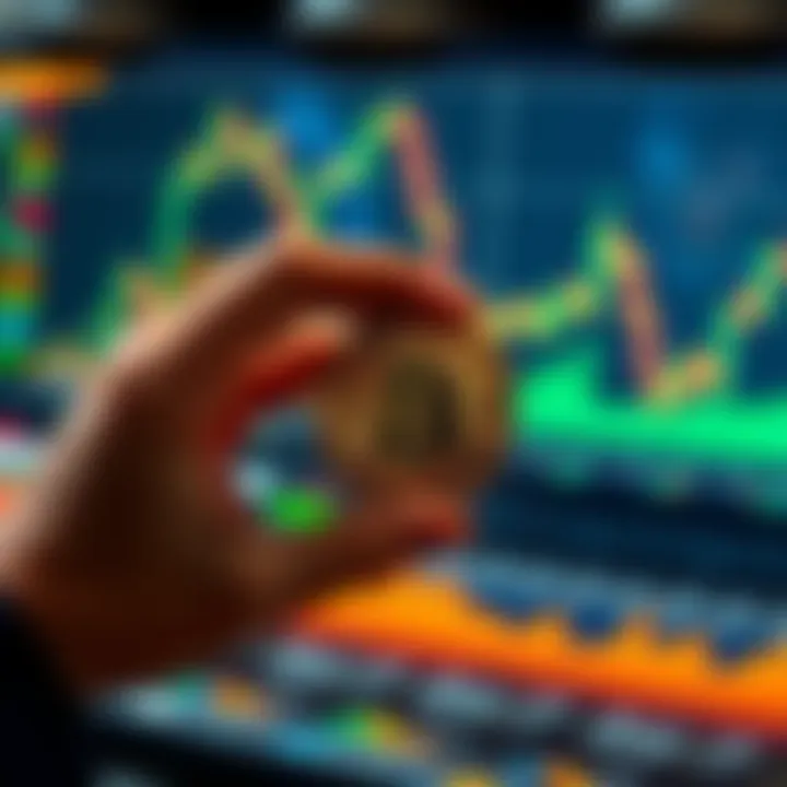 A person holding a physical Bitcoin coin, with graphs showing price fluctuations in the background.