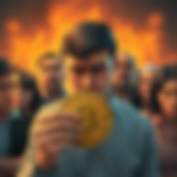 A person holding a Bitcoin with a worried expression, surrounded by frowning friends and family members, showcasing the social tension related to cryptocurrency success.