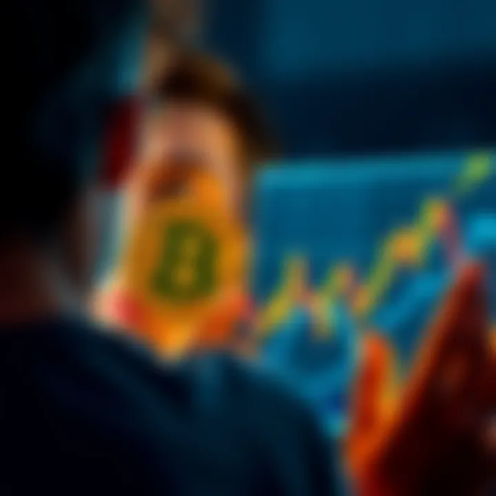 A person looking at a Bitcoin graph with mixed emotions, showing surprise and thoughtfulness.