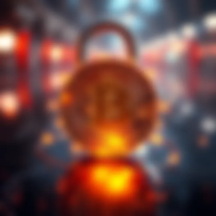 A Bitcoin symbol surrounded by a digital padlock, representing security and privacy in finance.