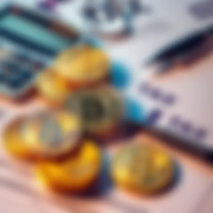 A collection of Bitcoin coins next to tax forms and calculator, symbolizing tax implications of Bitcoin transactions.