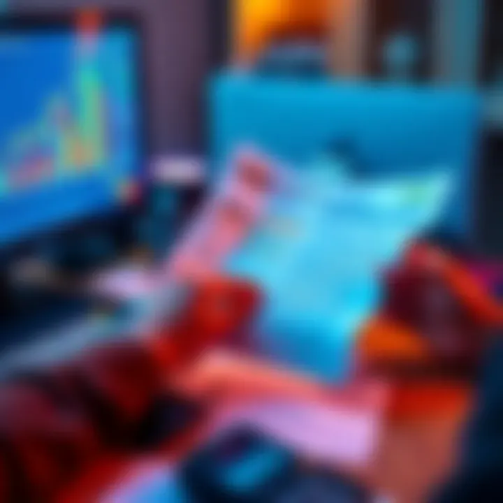 A person analyzing financial documents related to Bitcoin earnings and taxes, with a computer and calculator on the desk.