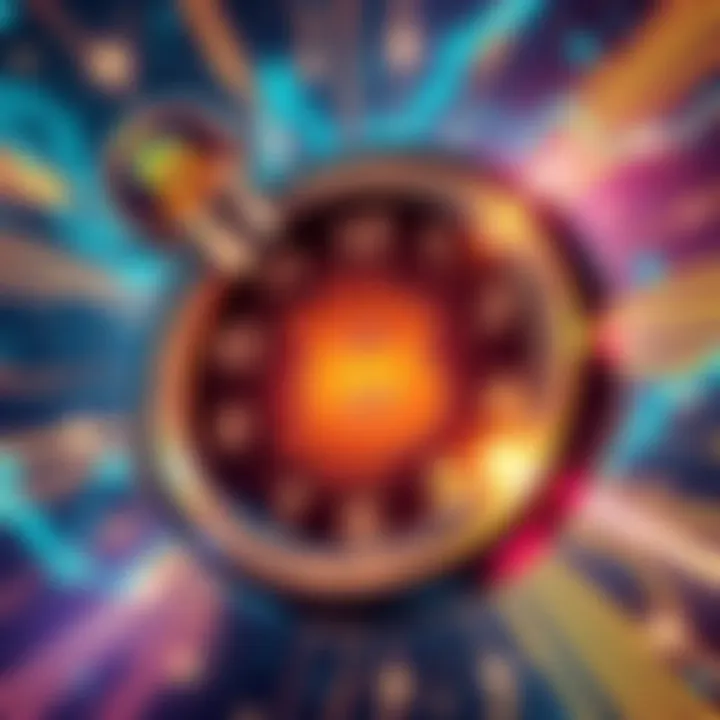 An illustration showing futuristic elements of time travel integrated with Bitcoin symbols like the logo and blockchain imagery.