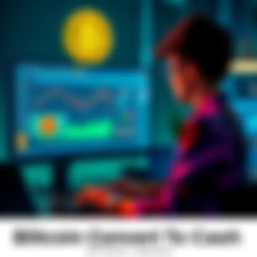 A person at a computer screen showing a Bitcoin wallet and cash being counted