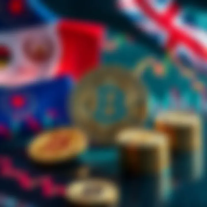 A visual representation of Bitcoin alongside trade war symbols like flags and charts, showing market reactions.