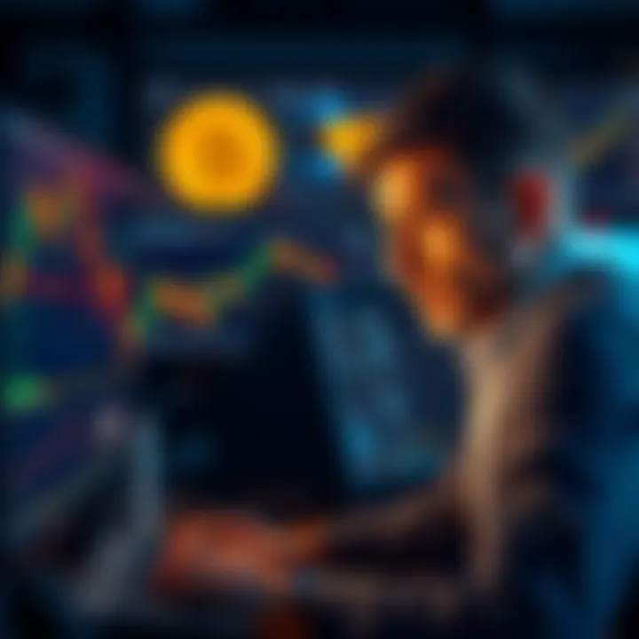 A trader analyzing Bitcoin price charts on a computer screen with a concerned expression, symbolizing hesitation in shorting Bitcoin.