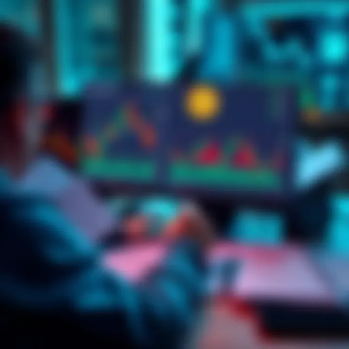 A person analyzing Bitcoin charts on a computer, surrounded by financial reports and notes on trading strategies.